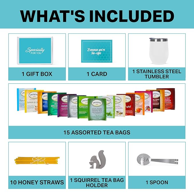 Tea Gifts for Women – Sampler Gift Basket with 15 Unique Blends, Honey Sticks, Stainless Tumbler & Gift-Ready Box (White) - Bloomnest