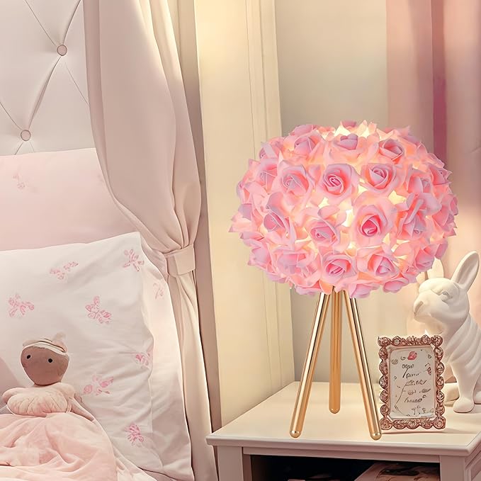 Pink Rose Flower Lamp Cute Table Lamp Flower Desk Lamp Floral Bedside Nighstand Light Atmosphere Girls Princess Lamp with Gold Tripod for Bedroom Wedding Christmas Gift Hotel Living Room - Bloomnest