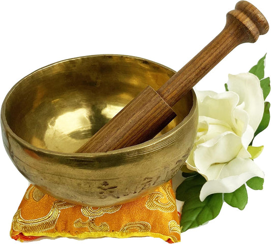 422 SB-11 Agan Traders Hand Pounded 'Om Mani Padme Hum' Mantra Healing Singing Bowl Set Nepal (G, 6.25 inch diameter)