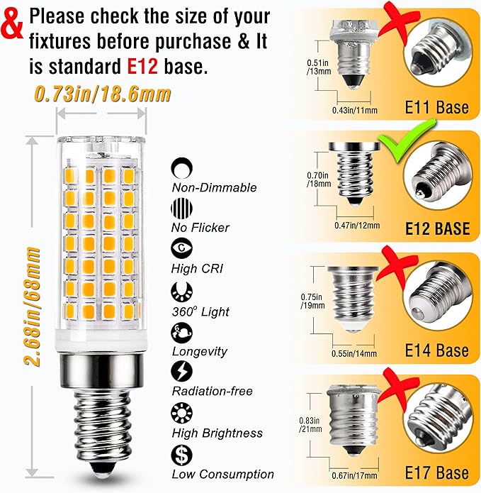 ALIDE E12 75 Watt Replacement LED Candelabra Bulbs C7,2700K Warm White,800LM T6 7.5W LED E12 Chandelier Light Bulbs for Ceiling Fan Pendant Lighting,Non-dimmable,6 Pack - Bloomnest
