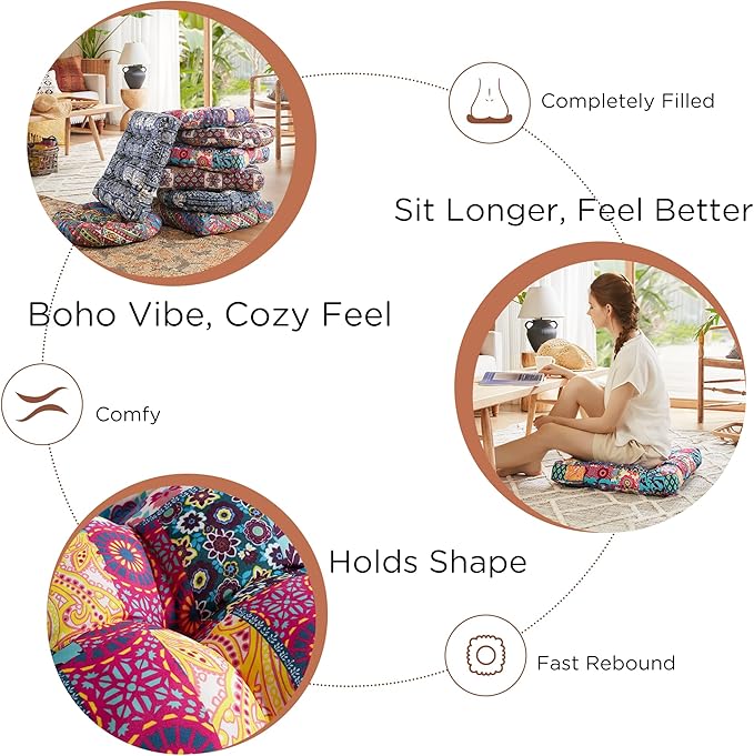Boho Floor Pillow, Large Meditation Cushion for Adults, Square Pillows Seating for Yoga Living Room Tatami Sitting Home Decor, Memory Foam Added, 22x22 Inch, Multi Patchwork - Bloomnest