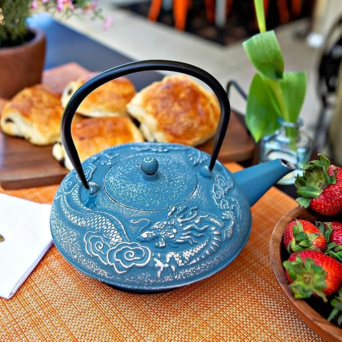 Large Cast Iron Tea Kettle Set - 40oz/1200ml Japanese Teapot with Infuser & Matching Trivet - Tetsubin Iron Tea Pot Japanese Style with Enamel Interior - Handcrafted Dragon Teapot Humidifier - Blue