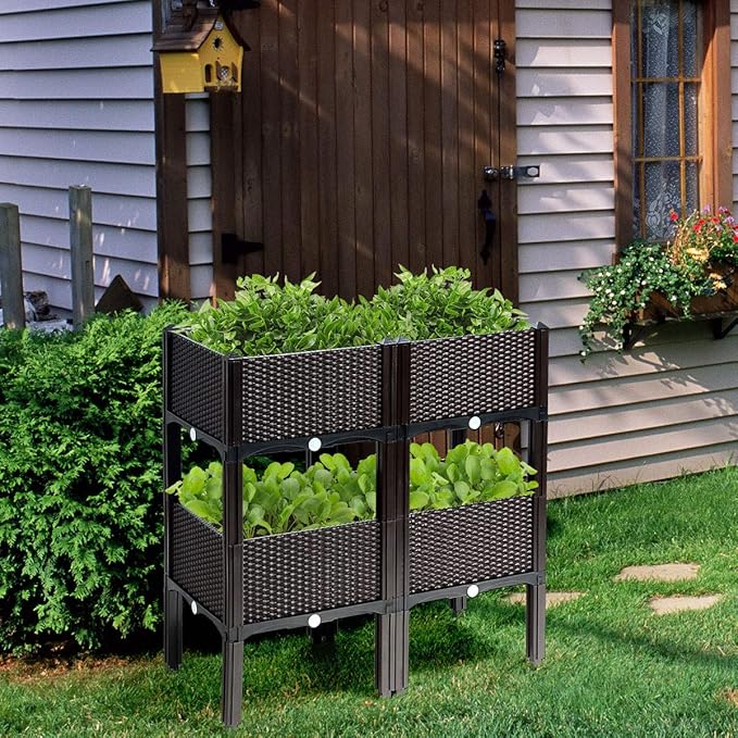 S AFSTAR Raised Garden Bed Kit, Set of 4, Elevated Planter Boxes with Self-Watering Design & Removable Legs, Outdoor Plastic Planter Box for Patio Yard Balcony Gardening, Rattan Pattern (Brown) - Bloomnest