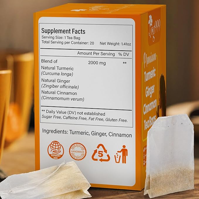 TOG999, Premium 15 Tea Bags Turmeric, Ginger, Cinnamon, 100% Natural, Hand-made Blend of Turmeric, Ginger, and Cinnamon Herbal Tea. Eco-conscious Tea Bags. No Sugar, No Caffeine, No Gluten, Vegan. - Bloomnest