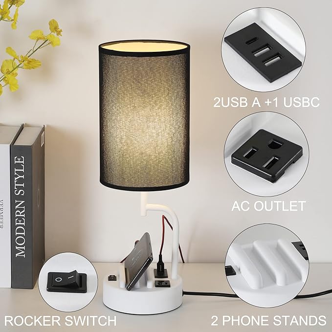 Dreamholder Table Lamp with 3 USB Charging Ports, Modern Desk Lamp with AC Outlet and Phone Stands, Perfect Bedside Lamp for Bedroom, Living Room, Office (Pack of 2), White&Black - Bloomnest