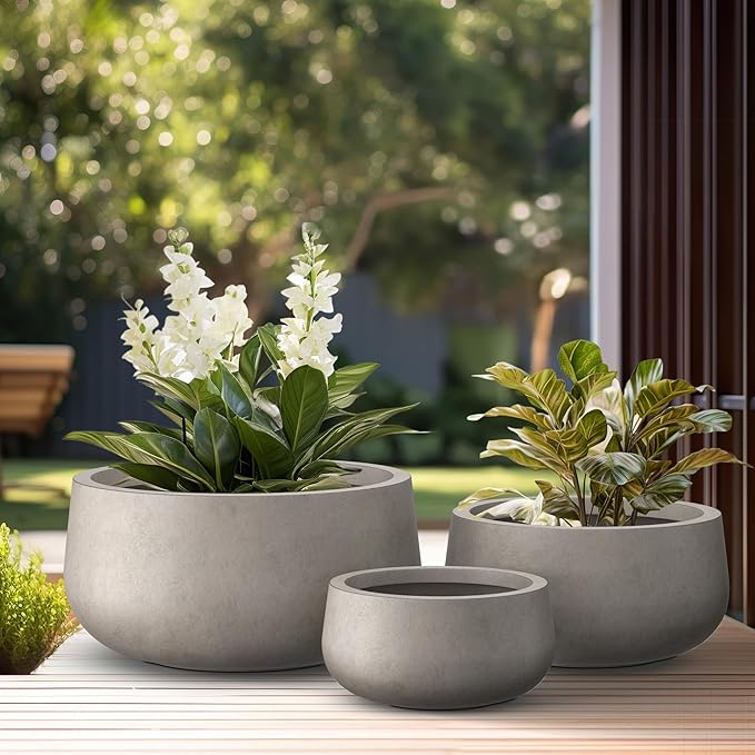 Kante 19.6",15.7",11.8" Dia Round Concrete Planters Set of 3, Outdoor Indoor Large Plant Pots with Drainage Hole, Modern Curvaceous Design, Weathered Concrete - Bloomnest