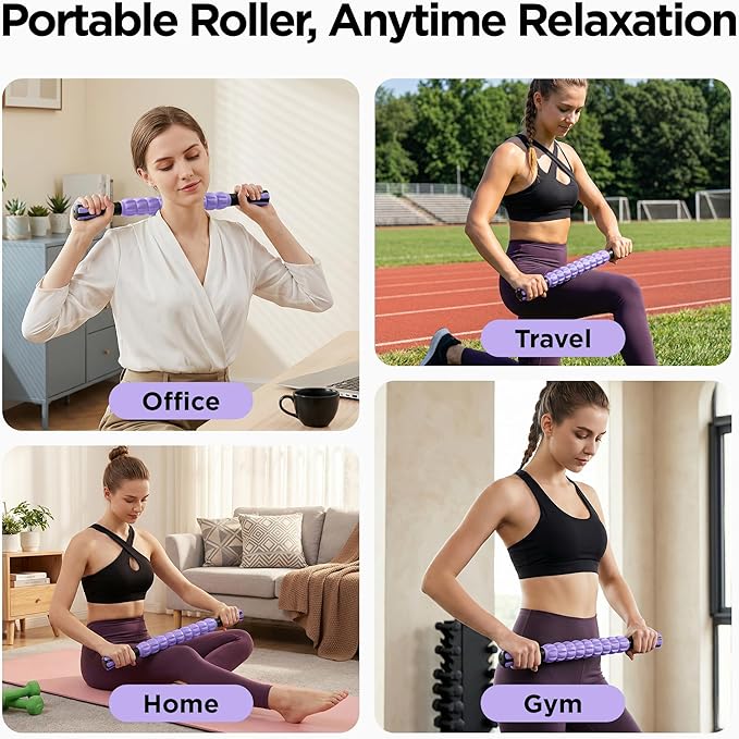 Muscle Roller & Massage Roller Stick for Athletes - Lymphatic Drainage Support, Relieves Muscle Soreness, Cramping & Tightness - Targets Legs, Arms, Back & Calves （Purple - 18inch） - Bloomnest