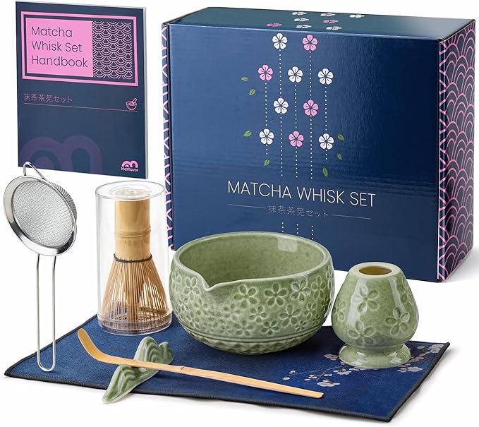 7Pcs Matcha Whisk Set, Ceramic Matcha Bowl with Spout, Bamboo Whisk and Holder,Bamboo Scoop,Scoop Rest,Sifter,Tea Towel, Matcha Kit with Cherry Blossom Carved Patterns for Matcha Lovers (Sakura Green) - Bloomnest