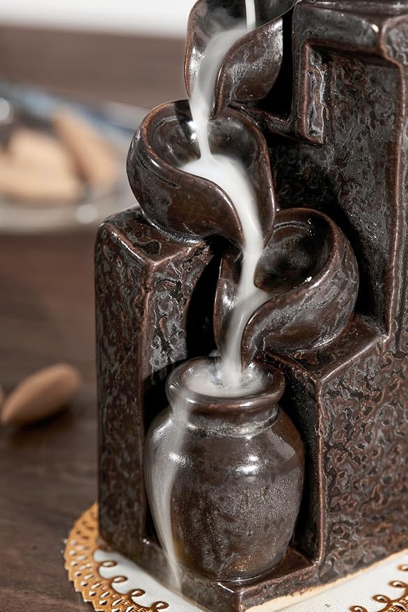 Unique Cascading Basins Ceramic Waterfall Incense Holder, Paired with a Pack of Backflow Incense Cones. (Metallic) - Bloomnest