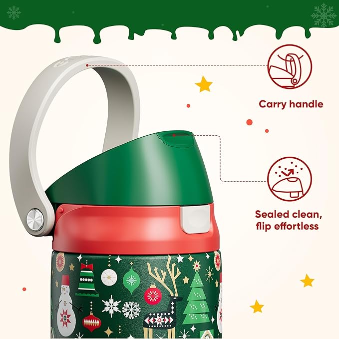 Christmas Insulated Water Bottle with Straw - Leak Proof Stainless Steel Water Bottle for School, Travel, Keeps Cold All Day, One-Touch Flip Lid, Holiday Gifts For Women Men, 24 oz, Frosty Forest ENCOOL