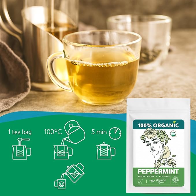 Organic Peppermint Tea Bags (40 TeaBags) - Peppermint Tea Organic - Te de Menta Organico Natural - Herbal Tea for Energy, Digestion, Nausea, Motion Sickness, Respiratory Support, Stress Relief - Bloomnest