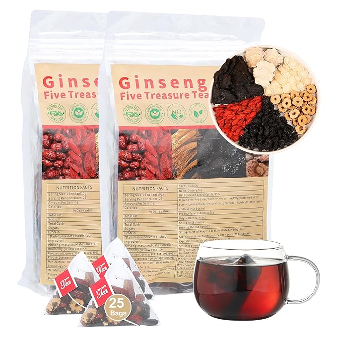 Ginseng Five Treasures Tea,Traditional Chinese Herbal Teas,Kidney Cleanse Detox for Women & Men,6 Rare Ingredients,Organic Tea for Health(2 Pack/50 Bags) - Bloomnest