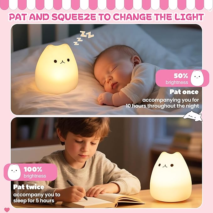 Night Light for Kids, Rechargeable Dimmable Silicone LED Nightlight with 7 Colors, Baby Nursery Night Lamp, Touch Squishy Lamp, Cute Gifts for Girls, Boys, Toddler Room Decor, Cat - Bloomnest