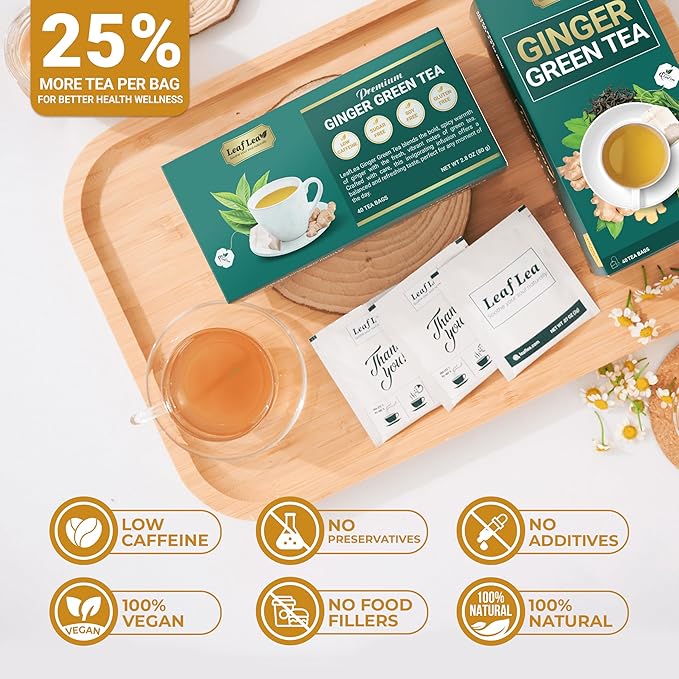 LeafLea Green Tea with Ginger, 80 Tea Bags (2 Packs), Natural Green Tea with Ginger Root, Lightly Sweetened with Stevia, Supports Digestion and Immunity, Low Caffeine, Non-GMO, Gluten-Free - Bloomnest