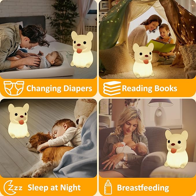 Attivolife Funny Dog Night Light, Puppy Bulldog Animal Silicone LED Touch Lamp with Timer Dimmable, USB Rechargeable Feeding Toddler Bedroom Bedside Decor Birthday Xmas Gifts for Kid Baby Child - Bloomnest