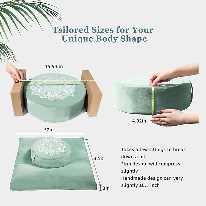 Meditation Zafu Cushion Set with Buckwheat Hulls & Memory Foam - Ergonomic Support for Yoga & Sitting - Removable Machine-Washable Luxury Velvet Cover - for Adults and Kids (Sage Green)