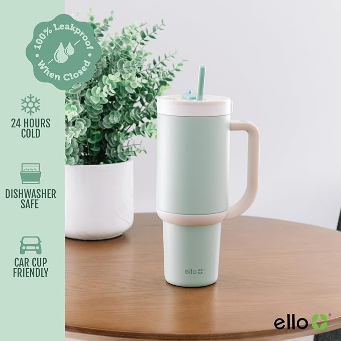 Ello Oasis 30 oz Tumbler with Handle & Retracting Straw | Reusable Insulated Stainless Steel Cup 100% Leakproof, Gifts for Teens Women Men | Keeps cold for 24 Hours, Cup Holder Friendly, Pistachio - Bloomnest