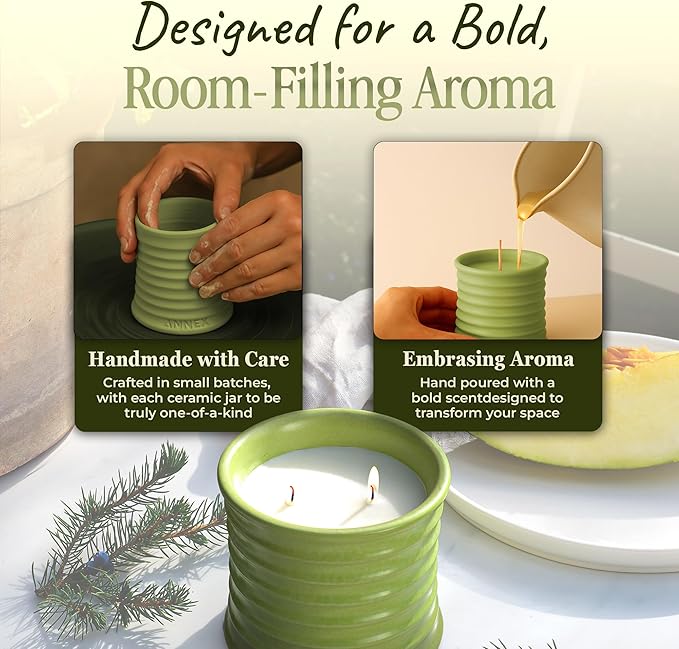 Scented Luxury Candles Outdoor Mosquito Bug Repellent Ceramic Jars, Soy Wax | The Green Life, Large Natural Candle - Green Melon & Peppermint | Non Toxic, 2 Wicks, Reusable Jar - Bloomnest