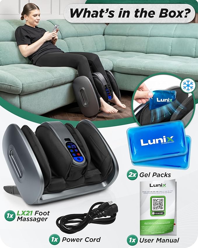 Lunix LX21 Feet Massager with Remote for Pain Relief, Circulation and Heat Therapy, Foot and Calf Shiatsu Massager for Plantar Fasciitis and Neuropathy, Ankle Device, Gray - Bloomnest