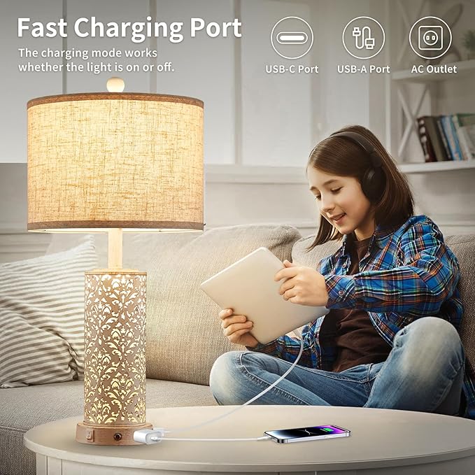 26" Farmhouse Table Lamp Dual Light, 3-Way Dimmable Touch Lamps, Rustic Nightstand Bedside Lamps with 2 USB Ports + AC Outlet, Modern Nightlight for Living Room Bedroom and Nightstand - Bloomnest