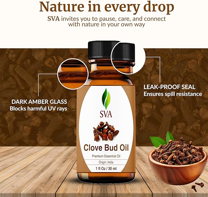 SVA Clove Essential Oil Organic – 4 Fl Oz – 100% Natural Organic Clove Oil - for Diffuser, Hair Care, Face, Skin Care, Aromatherapy, Scalp and Body Massage, Soap and Candle Making - with Dropper - Bloomnest