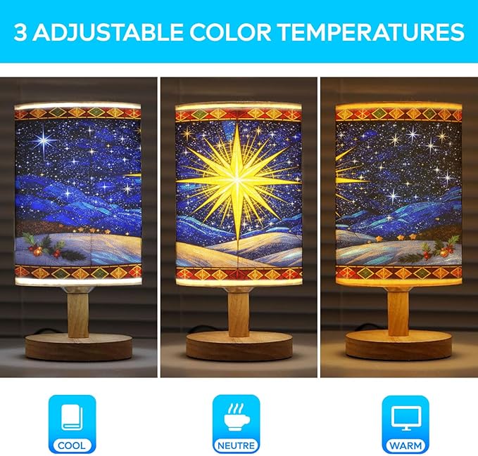 Star Christmas Table Lamp LED 3-Color Pressed Bedside, Star Christmas Shade Lamp with Wood Base for Bedroom Living Room Desk Office - Bloomnest