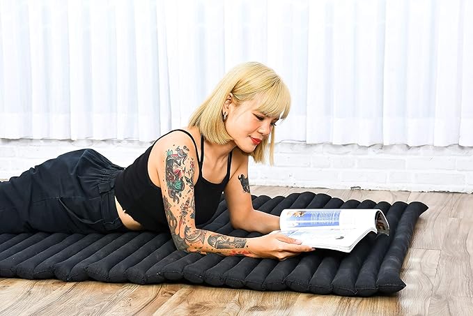 Leewadee - Kapok Roll Mat – Handcrafted Folding Sleep & Relaxation Mattress from Thailand, Ideal as Guest Bed, Camping Mat, Yoga Mat or Traditional Futon, 75 x 39 inches, Black - Bloomnest