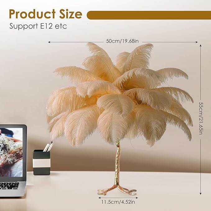MAYOLA Modern Ostrich Feather Table Lamp with Plug in Wire,3-Light Bedside Floor Lamp for Living Room, Bedroom and Office 24” Tall Feather Desk Lamp (Ostrich Color, Table Lamp-Resin) - Bloomnest