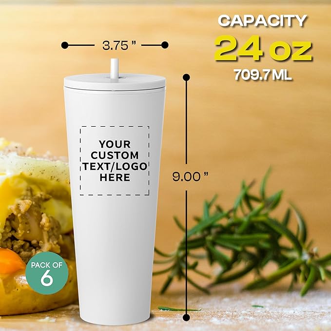DISCOUNT PROMOS Custom Kenai Plastic Tumblers with Straw 24 oz., Set of 6, Personalized Bulk Pack - Ideal for Busy Professionals, With lids, Ice Coffee Tumbler, To Go Cup, Insulated - White - Bloomnest