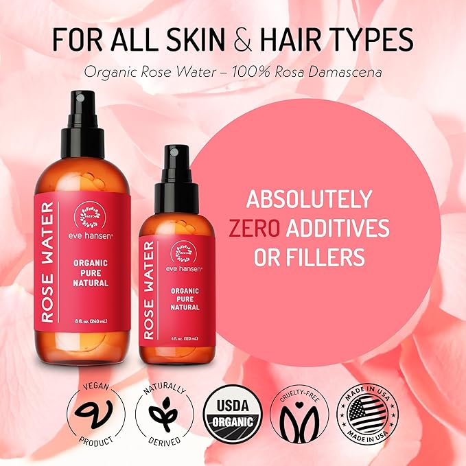 Eve Hansen Organic Rose Water Spray – Pure Rosewater Face & Hair Mist for Hydration & Refreshing Glow | Facial Toner & Makeup Setting Spray | Alcohol-Free & Vegan | 4 oz - Bloomnest