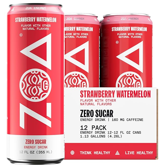 ZOA Zero Sugar Energy Drinks, Strawberry Watermelon - Sugar Free with Electrolytes, Healthy Vitamin C, Amino Acids, Essential B-Vitamins, and Caffeine from Green Tea - 12 Fl Oz (12-Pack) - Bloomnest
