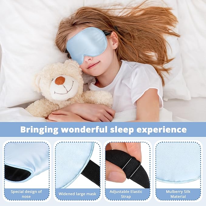 Kids Sleep Mask Eye Cover, 100% Real Natural Pure Silk Eye Mask with Adjustable Strap, Blindfold Kids Eye Mask for Sleeping, Eye Shade for Boys Girls and Adult, Pressure-Free Comfort (Blue) - Bloomnest
