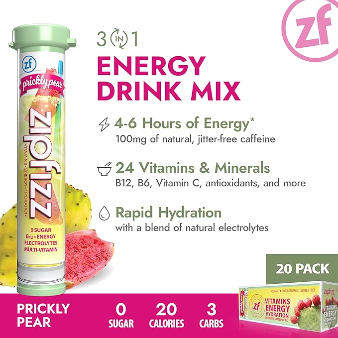 Zipfizz Daily Energy Drink Powder, Prickly Pear, 20 Pack | 3-in-1 Sustained Energy, Rapid Hydration, and Essential Vitamins | Sugar-Free | Electrolyte Powder | Contains Vitamin B-12 & Antioxidants - Bloomnest