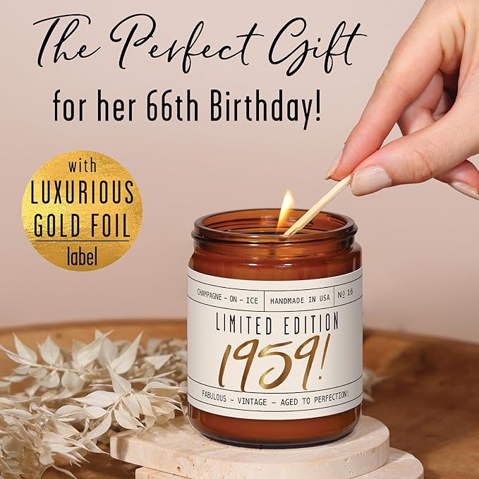 66th Birthday Gifts for Women - 'Limited Edition 1959' Soy Candle, w/Champagne on Ice I 66 Birthday Gifts for Women I 66th Gift for Her Ideas I 9oz Reusable Jar, 50Hr Burn, Made in USA - Bloomnest