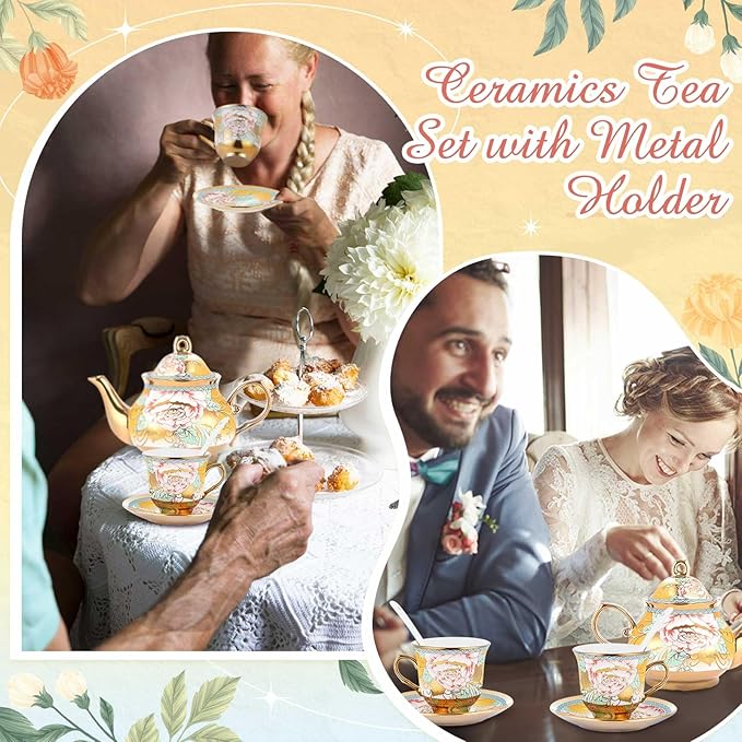 Zhehao 20 Pcs Porcelain Tea Set with Metal Holder and Spoon Adult Ceramic Tea Set European Flower Painting Teapot Cup Saucer Spoon for Women, Large Version(Classic Style) - Bloomnest