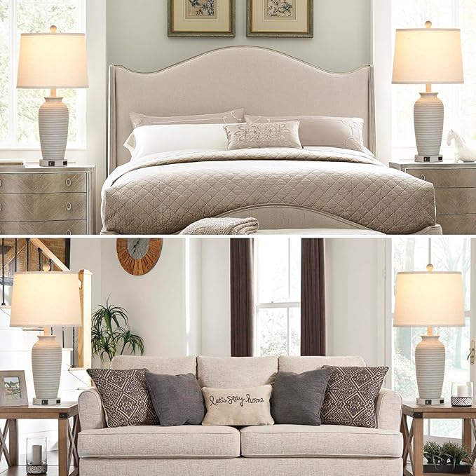25" Farmhouse Jar Table Lamps Set of 2, 3 Way Touch Control Rustic Bedside Lamps with USB A+C Ports & AC Outlet, Pot Nightstand Lamps for Bedroom Living Room (LED Bulbs Included) - Bloomnest