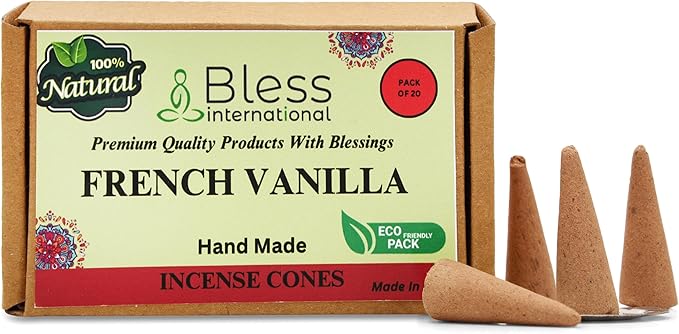 Bless International French-Vanilla 100%-Natural-Incense-Cones Handmade-Hand-Dipped Organic-Chemicals-Free for-Purification-Relaxation-Positivity-Yoga-Meditation The-Best-scents (20 Count) BlessInternational