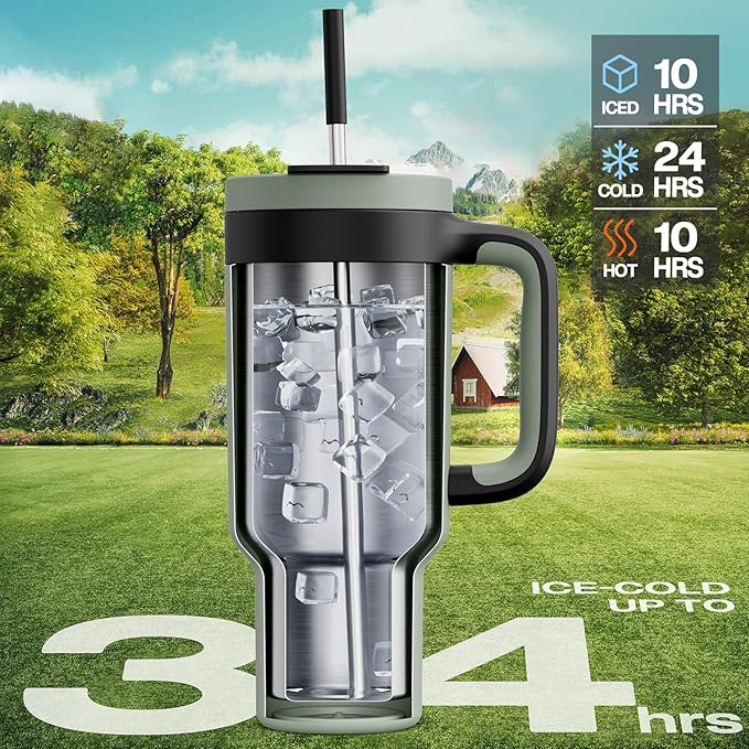 POWCAN 40 oz Tumbler with Handle, 2-in-1 Straw and Sip Lid, Leakproof, Dishwasher Safe, Insulated Stainless Steel Travel Coffee Mug, Keeps Cold for 34 Hours, Fits in Car Cup Holder (Agave) - Bloomnest