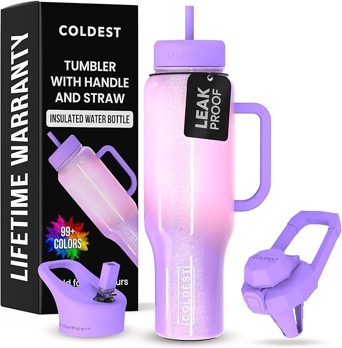 Coldest Tumbler with Handle and Straw - 100% Leak Proof Insulated Tumbler with Lid and Straw (3 Lids) - Stainless Steel Tumblers for Women & Men - Cup Holder Friendly Base, 46 oz (Unicorn) - Bloomnest