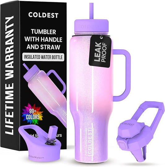 Coldest Tumbler with Handle and Straw - 100% Leak Proof Insulated Tumbler with Lid and Straw (3 Lids) - Stainless Steel Tumblers for Women & Men - Cup Holder Friendly Base, 46 oz (Unicorn) - Bloomnest