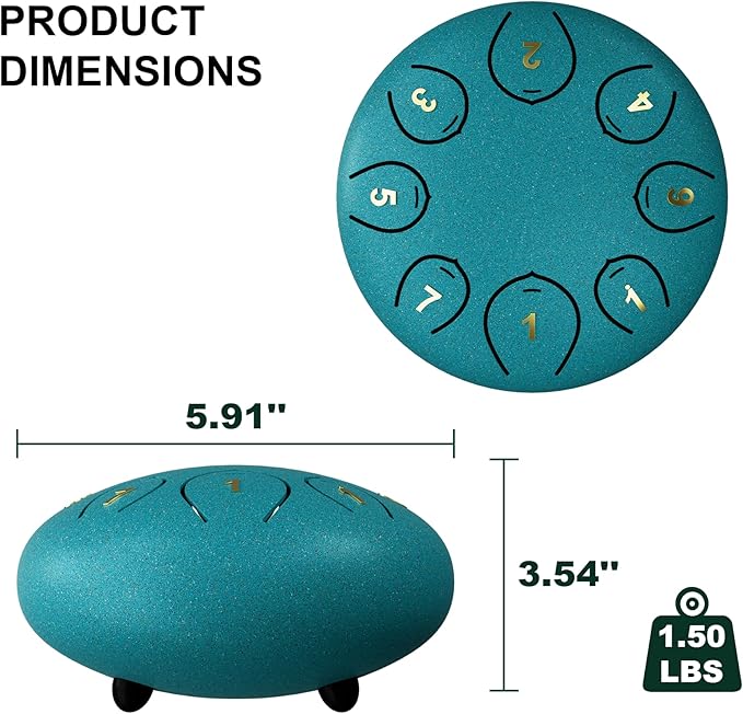 Steel Tongue Drum 6 Inch 8 Notes, Rain Drums for Outside C major, Hang Instrument, Handpan for Kids, Ethereal Hand Pan for Meditation Yoga Musical Education, Malachite Green - Bloomnest