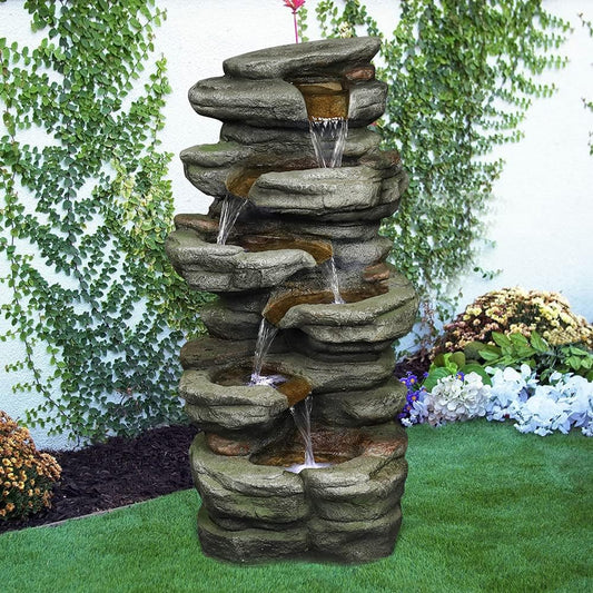 Naturefalls 30.7inches Outdoor Water Fountain - 6-Tiers Rock Waterfall Fountain with Led Lights for Home Garden Decor