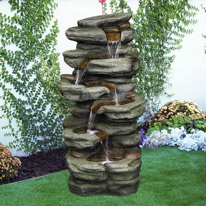 Naturefalls 30.7inches Outdoor Water Fountain - 6-Tiers Rock Waterfall Fountain with Led Lights for Home Garden Decor - Bloomnest