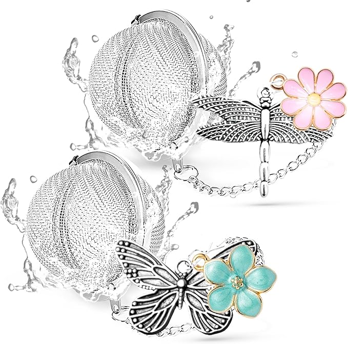 2-Pack Tea Infuser for Loose Leaf Tea, 304 Stainless Steel Tea Strainer with Butterfly, Dragonfly & Pink Blue Flower Charms, Extra Fine Mesh Tea Ball Filter, Gift for Tea Lovers