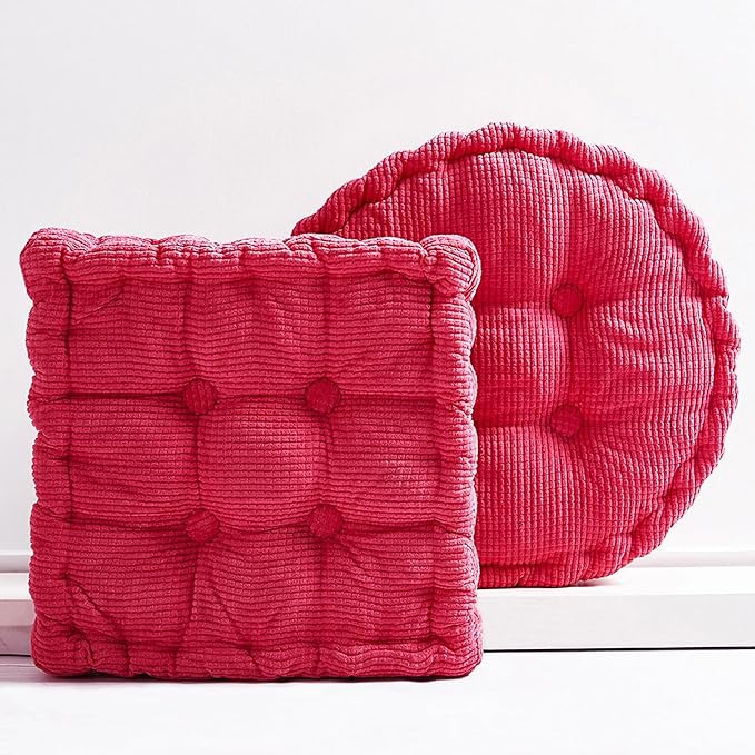 Rose Red Corduroy Floor Seat Pillows Cushion Large Square and Round Floor Cushions for Adults 2 Pack Meditation Floor Pillow for Living Room Balcony Tatami Yoga,18x18 Inch - Bloomnest