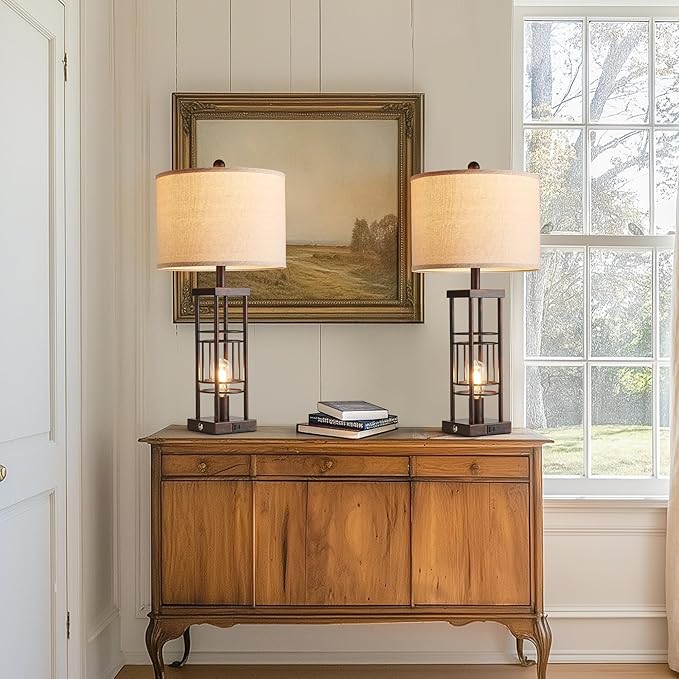 Table Lamp for Living Room Set of 2 with USB Charging Ports, 3-Way Dimmable 27.6" Farmhouse Lamps for Bedroom, Rustic Bedside Lamp, Industrial Nightstand Lamps,Bulbs Included - Bloomnest
