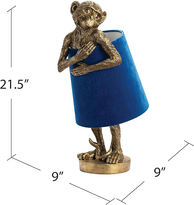 Crestview Collection Monkey Table Lamp – Gold Resin Animal Lamp, Retro Rustic Art Deco Farmhouse Desk Lamp with Blue Velvet Shade for Bedroom, Living Room, Bedside, Nightstand or Small Space - Bloomnest
