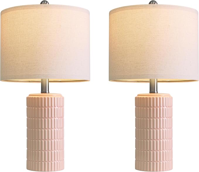 PoKat 20.75" Pink Ceramic Table Lamps Set of 2, Small Modern Bedroom Lamps for Girls Room, Bedside Lamps for Night Stands, Cute Lamps for Living Room Decor, Nightstands Desk Lamp, Light Pink - Bloomnest