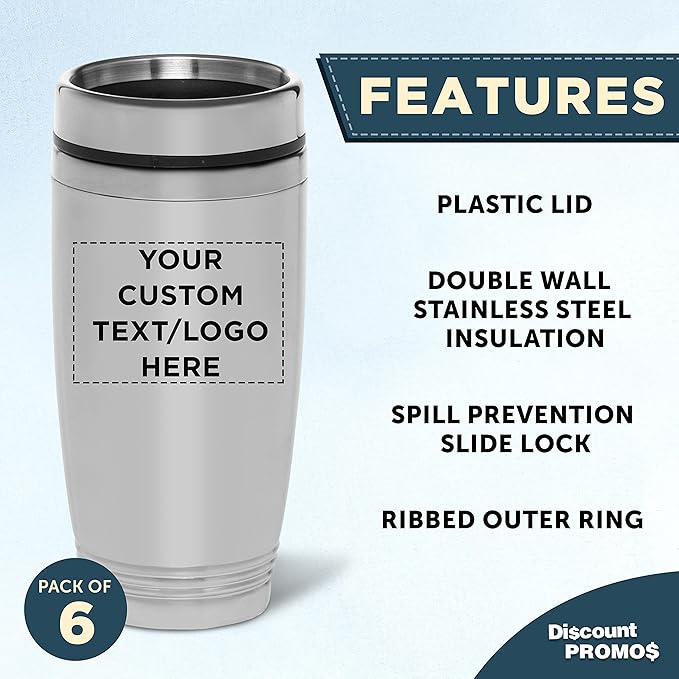 DISCOUNT PROMOS Custom Stainless Steel Tumblers 16 oz. Set of 6, Personalized Bulk Pack - Perfect for Coffee, Soda, Other Hot & Cold Beverages - Silver