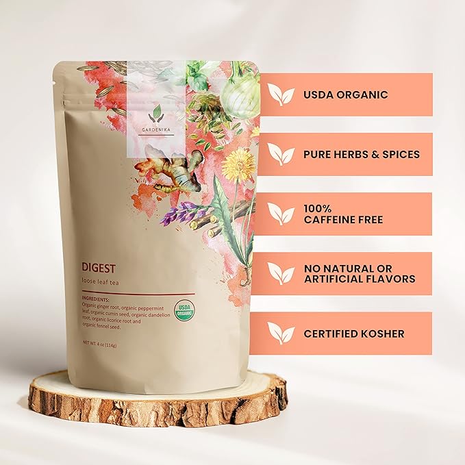 Gardenika Organic Digestive Loose Leaf Tea, Stomach Ease Herbal Caffeine-Free Leaves, Ayurvedic Blend with Dandelion Root, Ginger, Peppermint, Licorice – 4 oz - Bloomnest